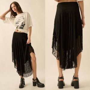 Black Lace Asymmetrical Midi Skirt | Boho Romantic Festival Calf Length (S)
